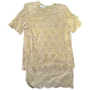 Brilliante by J.A. 1X‎ Beaded Lace Shift Dress - Gold